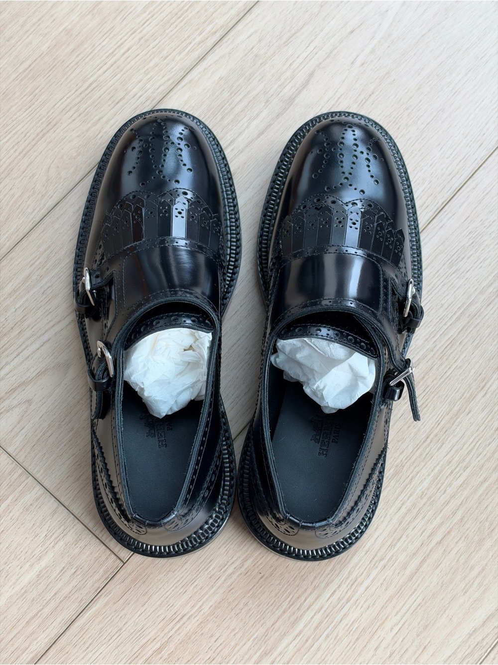Hermes Black Patent Brogue Double Monk Loafers